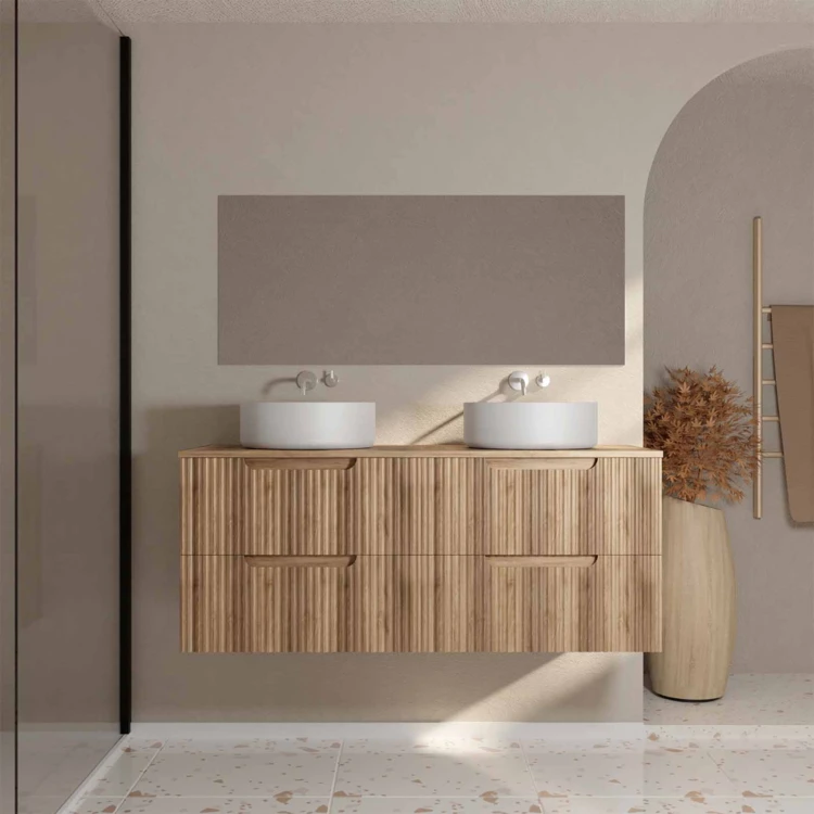 Mobile da bagno doppio lavabo rotondo con frontale ondulato e contenitori integrati