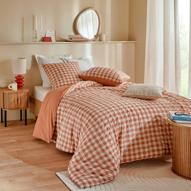 Parure de lit réversible texturée 3 pièces vichy housse + taies