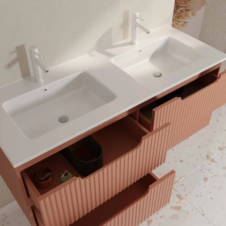 Mobile lavabo doppio con frontale ondulato e ampio spazio di archiviazione