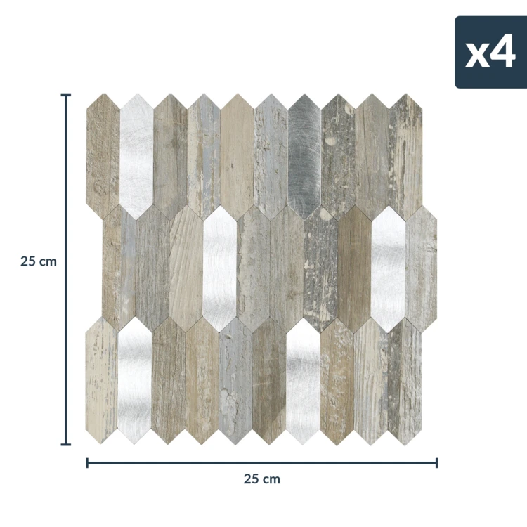 Lot de 4 crédences adhésives murales 3D effet bois et métal