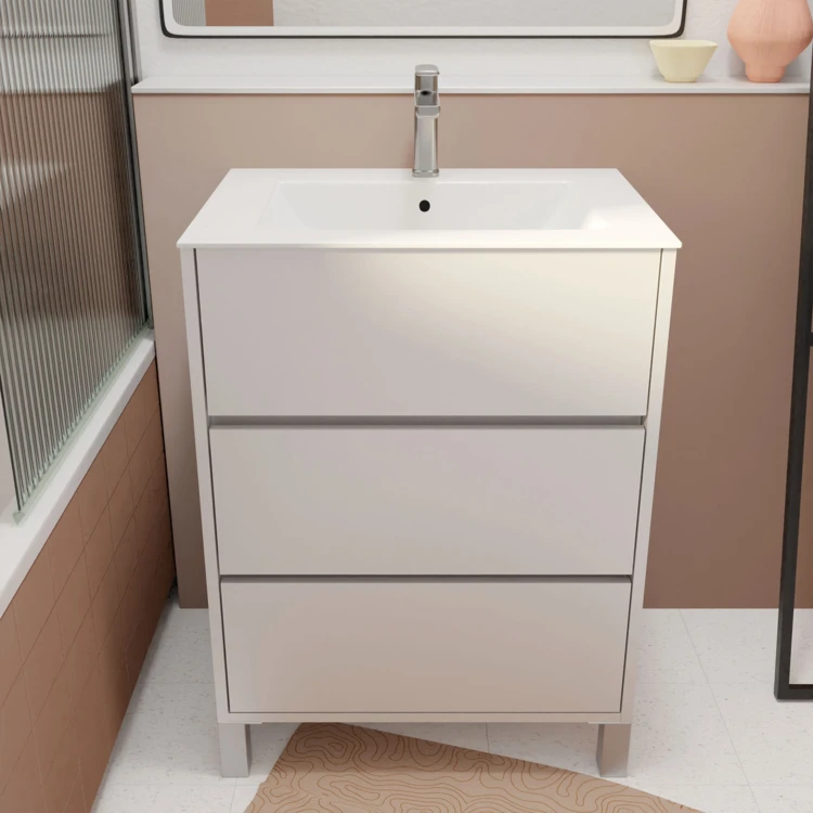 Mobile bagno con piedini, 3 cassetti e lavabo in ceramica
