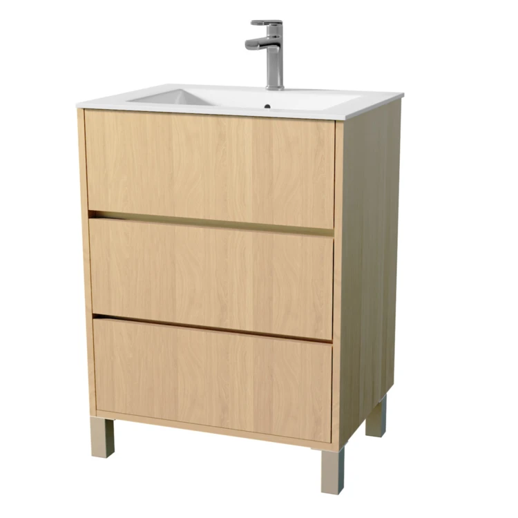 Mobile bagno con piedini, 3 cassetti e lavabo in ceramica