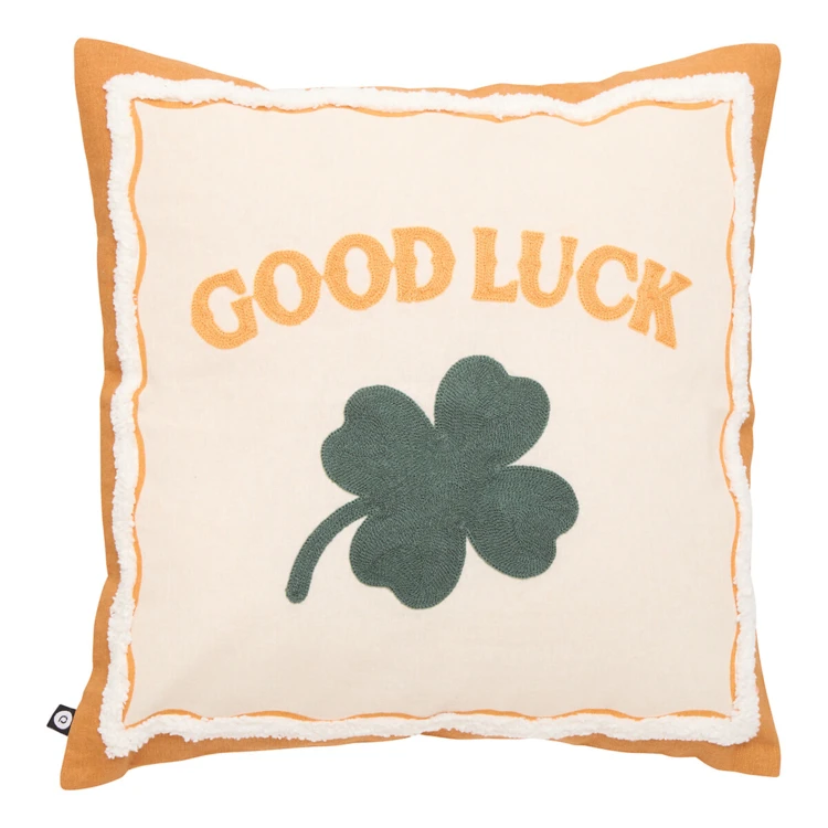 Coussin décoratif en coton brodé GOOD LUCK