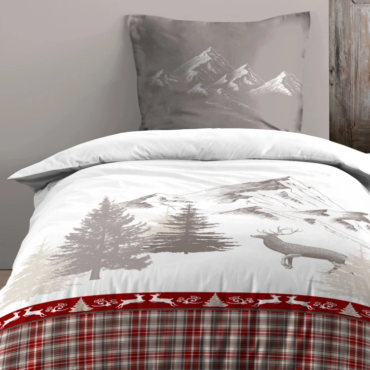 Parure de lit 2 pièces imprimée motif cerf et montagne housse + taie