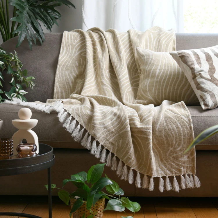 Decke aus Poly-Baumwolle mit Katzenmotiv und Fransen