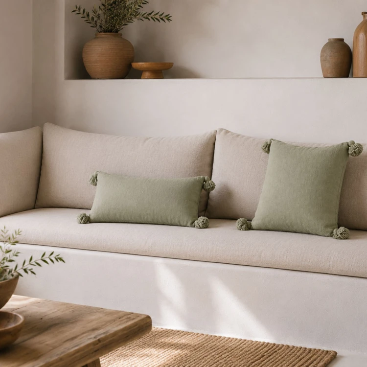 Housse de coussin en laine à pompons