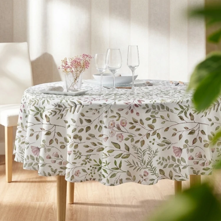 Mantel redondo de algodón con revestimiento antimanchas y estampado vegetal
