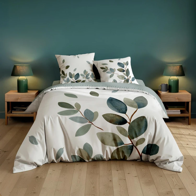 Conjunto de cama de 3 peças, 100 % algodão, com estampado vegetal: colcha + fronhas