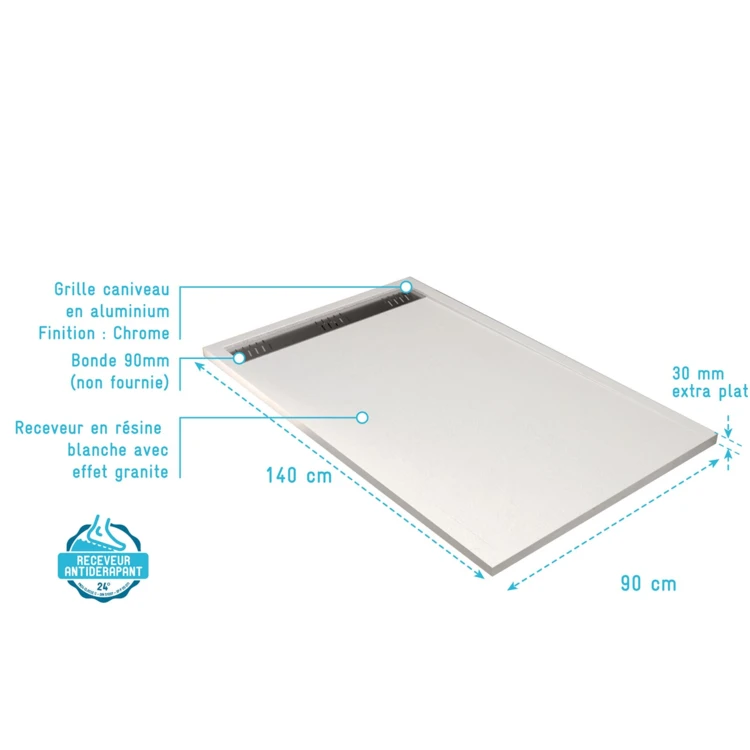 Receveur de douche extra-plat en résine effet pierre  grille linéaire chrome