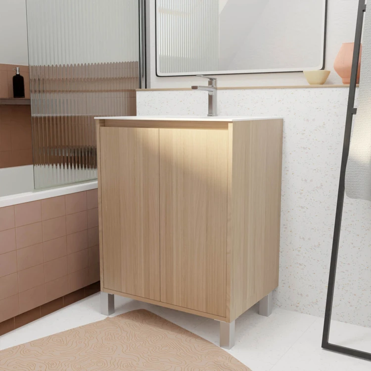 Meuble de salle de bains sur pieds avec 2 portes et vasque