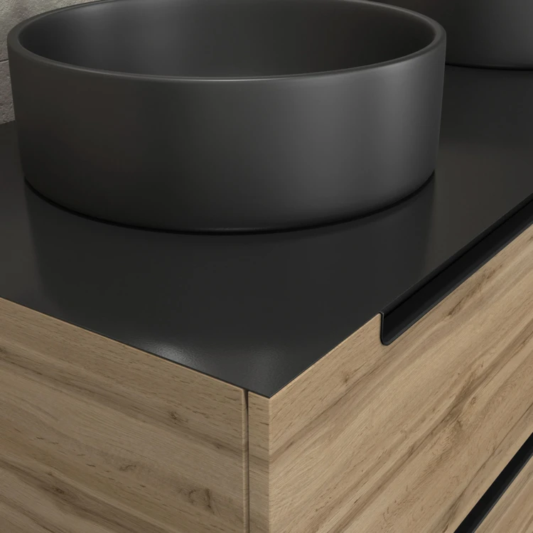 Mobile da bagno con 2 lavabi rotondi e 2 specchi rotondi a led neri