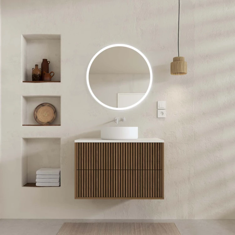 Mobile bagno sospeso con frontale dentellato, lavabo/i rotondo/i e specchio/i LED