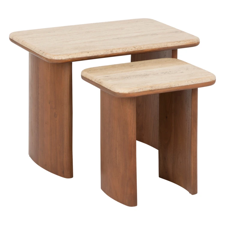 Set di 2 tavolini da caffè in travertino con gambe in acacia