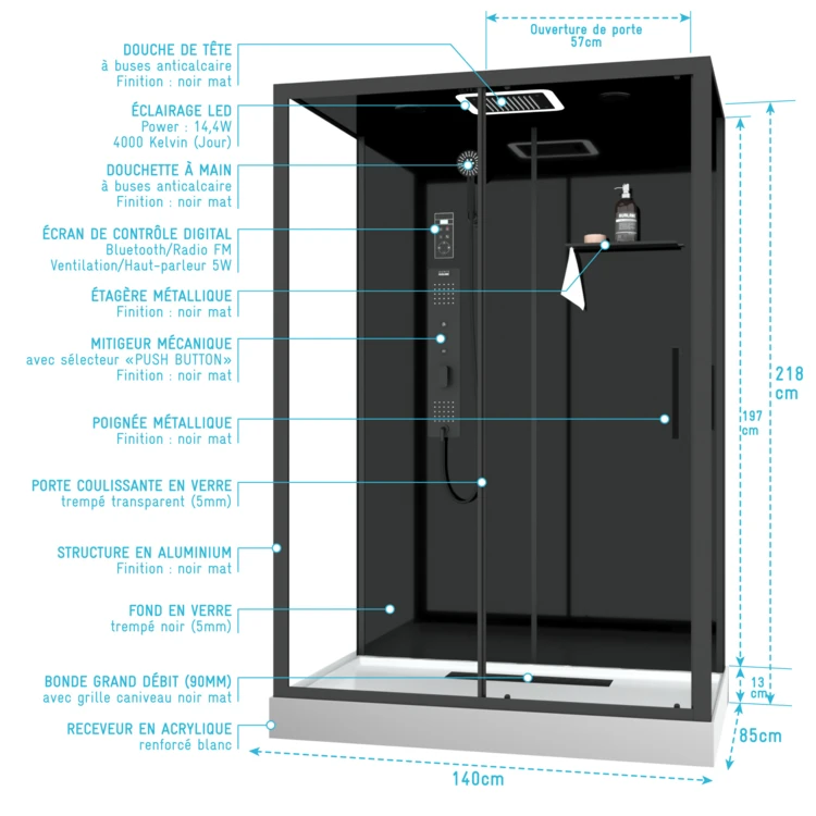 Cabine de douche hydromassante rectangulaire XXL avec porte coulissante et panneau de contrôle tactile