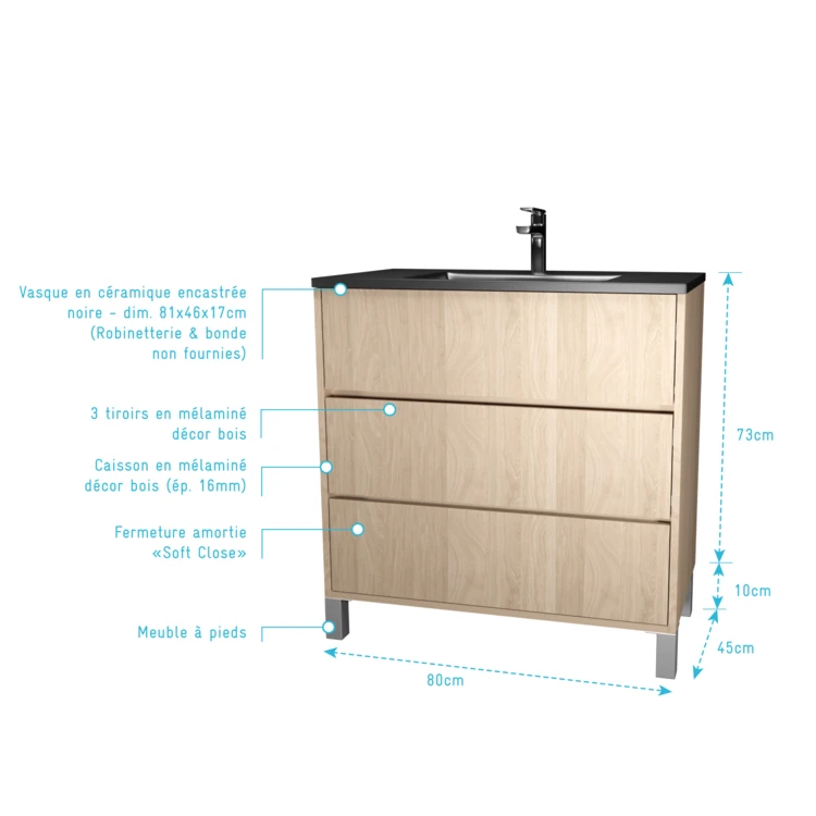 Mobile bagno con piedini, 3 cassetti e lavabo in ceramica