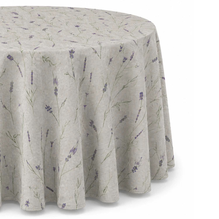 Mantel redondo de algodón con revestimiento antimanchas y estampado de lavanda