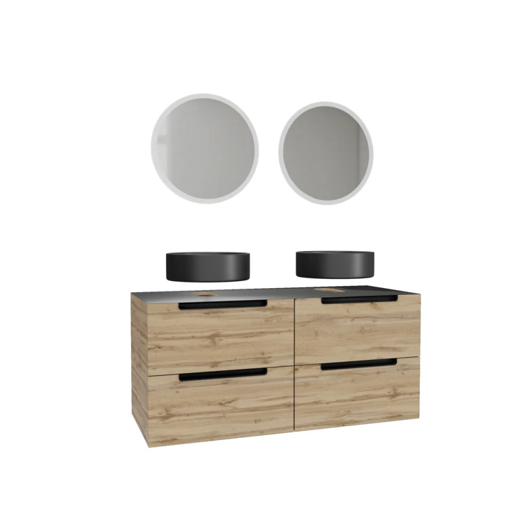 Mobile da bagno con 2 lavabi rotondi e 2 specchi rotondi a LED