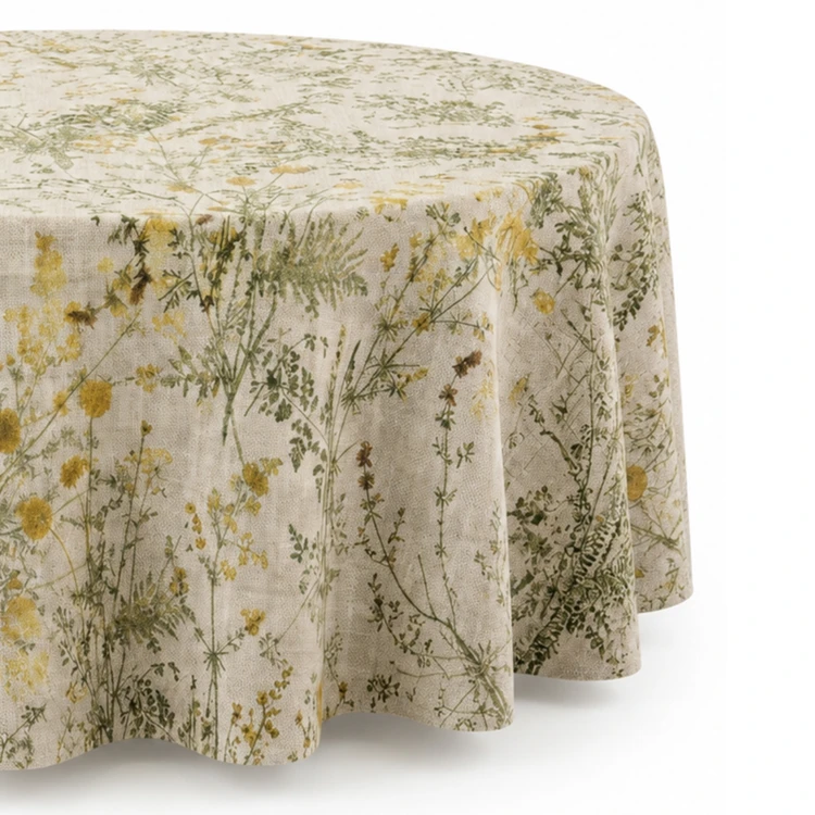 Nappe ronde en polycoton enduit anti-tache motif herbes