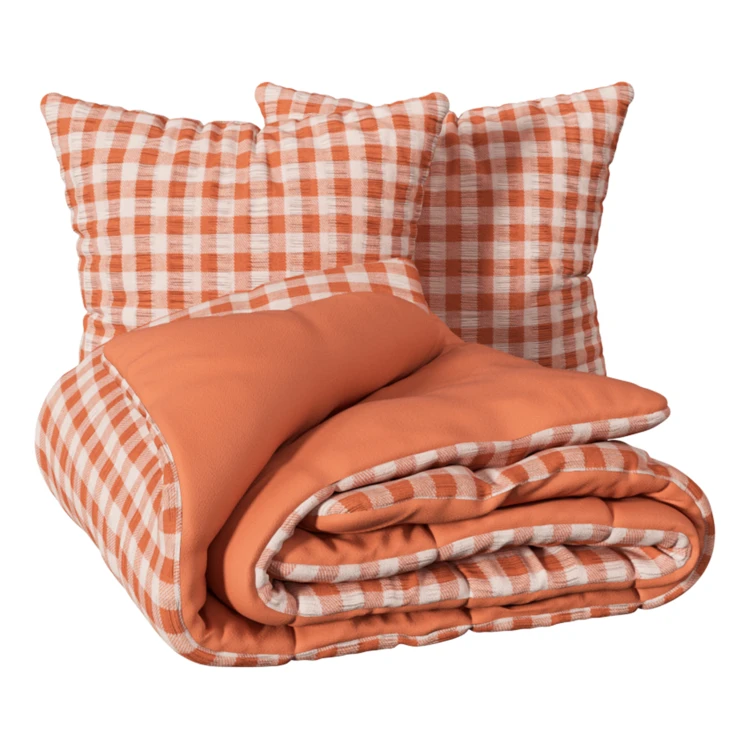 Parure de lit réversible texturée 3 pièces vichy housse + taies