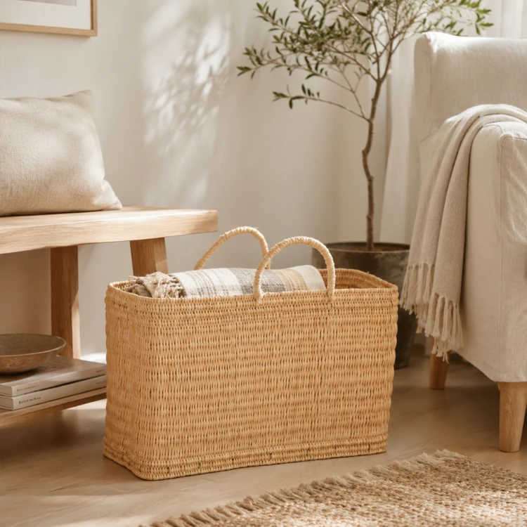 Grand panier en paille et anse coton Hassira