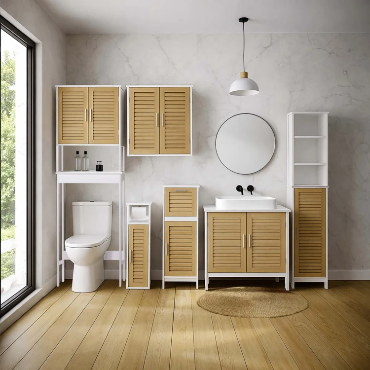 Mobile da bagno sospeso con ante a lamelle e vano portaoggetti