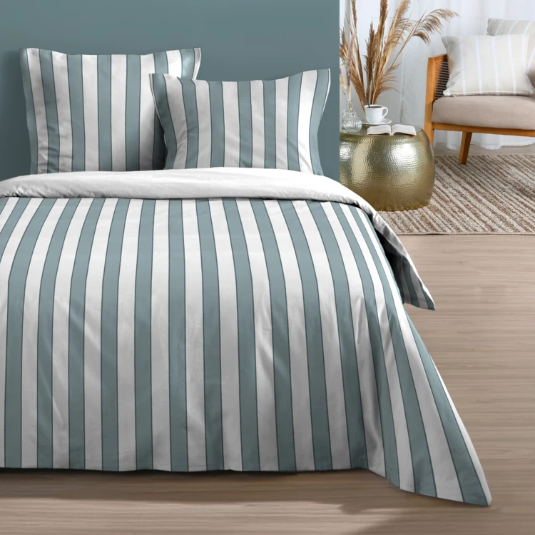 Parure de lit 3 pièces en coton imprimé rayures housse + taies
