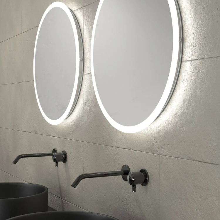 Mobile da bagno con 2 lavabi rotondi e 2 specchi rotondi a LED