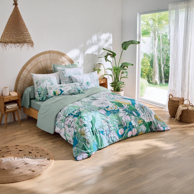 Parure de lit 3 pièces percale de coton feuillage exotique housse + taies