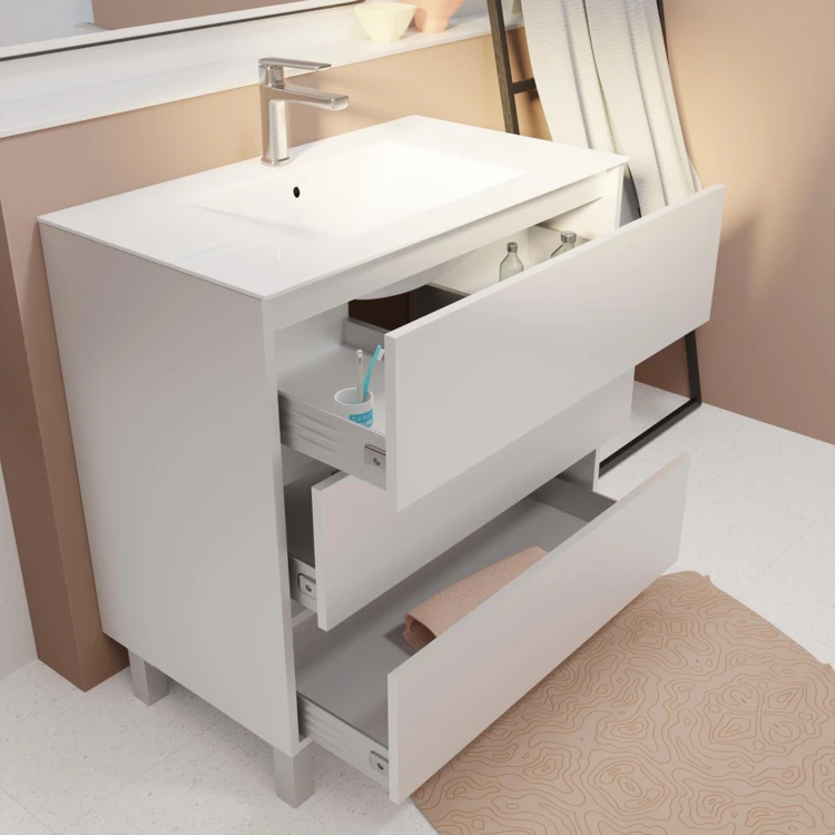 Mobile bagno con piedini, 3 cassetti e lavabo in ceramica
