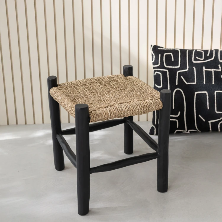 Tabouret carré en bois de teck et jonc de mer