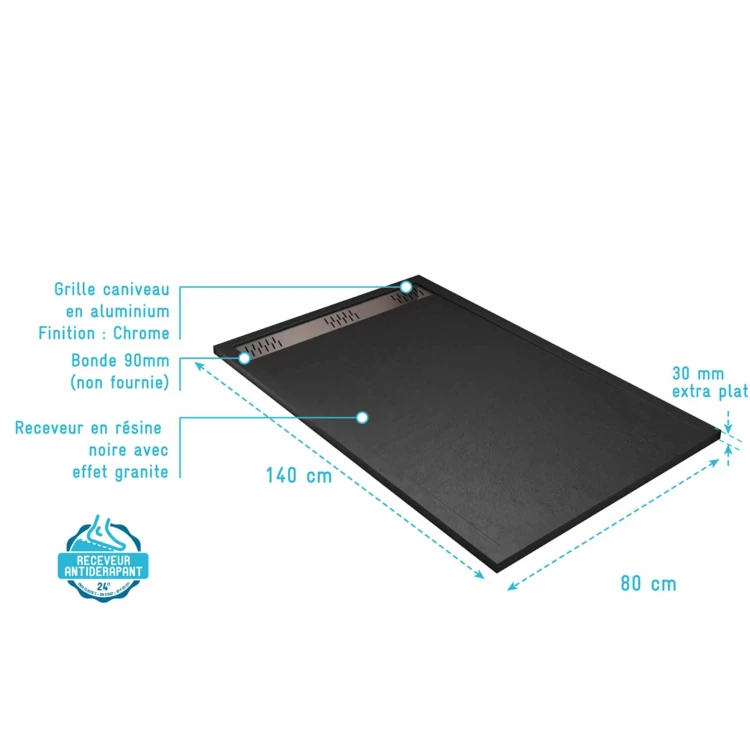 Receveur de douche extra-plat en résine effet pierre  grille linéaire chrome
