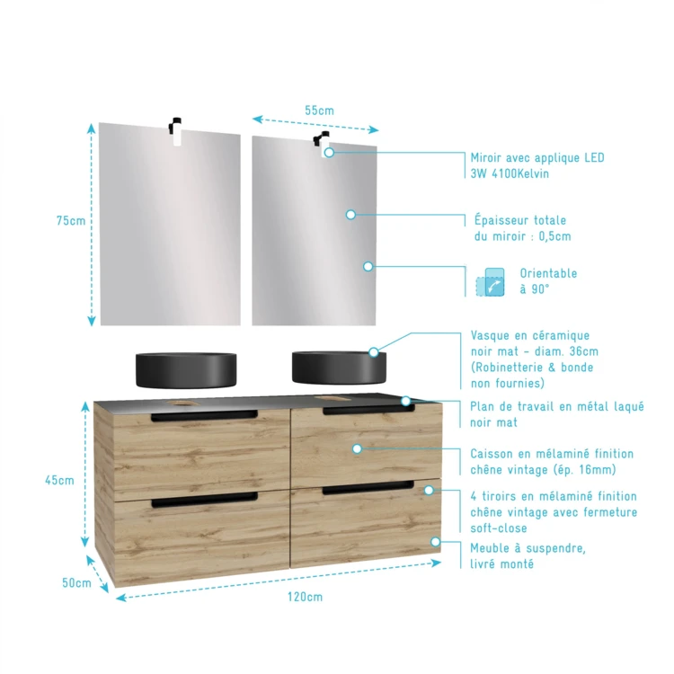 Set da bagno con 2 lavabi rotondi e 2 specchi rettangolari a LED
