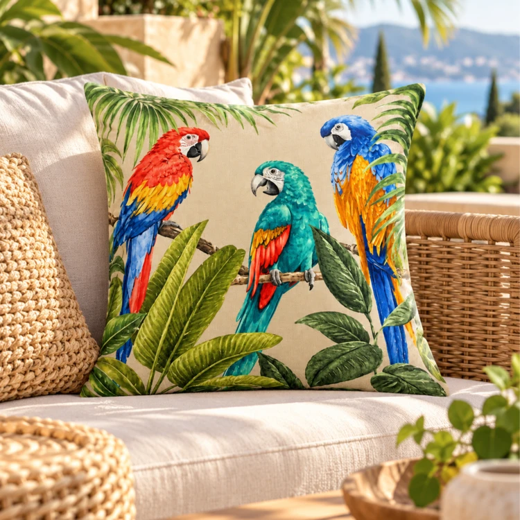 Coussin outdoor imprimé perroquets