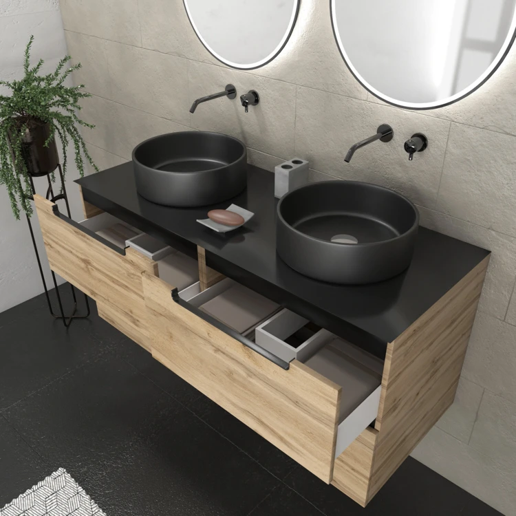 Mobile da bagno con 2 lavabi rotondi e 2 specchi rotondi a led neri