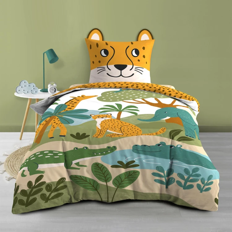 Parure de lit enfant 2 pièces 100 % coton imprimé animaux de la jungle housse + taie
