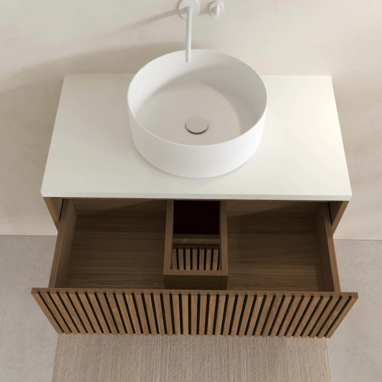 Mobile bagno sospeso con frontale dentellato, lavabo/i rotondo/i e specchio/i ovale/i