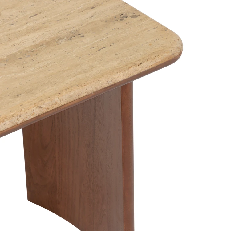 Set di 2 tavolini da caffè in travertino con gambe in acacia