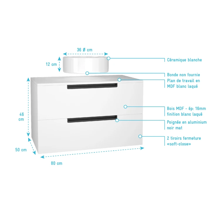 Mobile da bagno con 2 cassetti e 1 lavabo rotondo