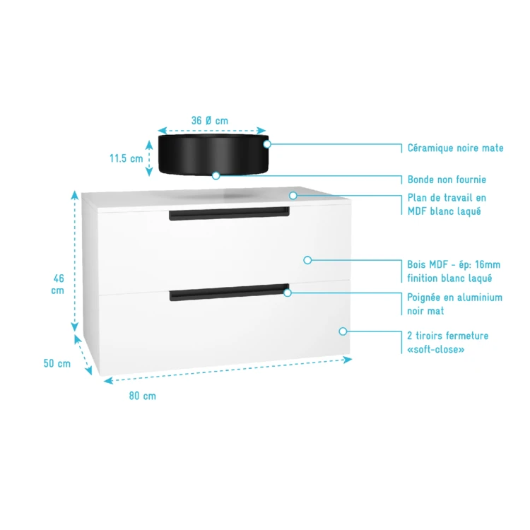 Mobile da bagno con 2 cassetti e 1 lavabo rotondo