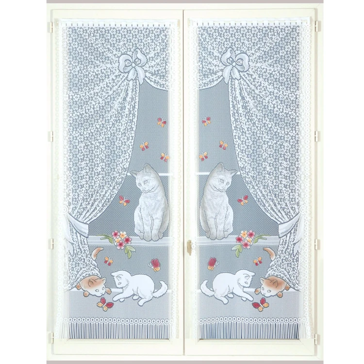 Par de pequenas cortinas em renda com chatons e franjas
