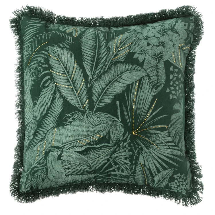 Funda de cojín con flecos y estampado tropical