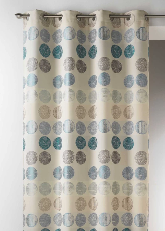 Cortina jacquard com riscas horizontais e bolinhas