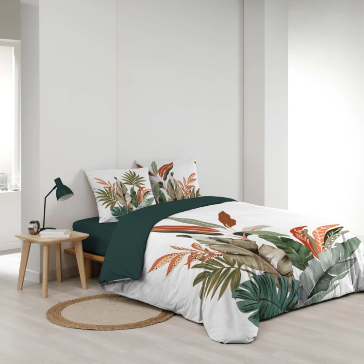 Conjunto de cama de 3 peças, 100 % algodão, com estampado tropical: capa de edredão + fronhas