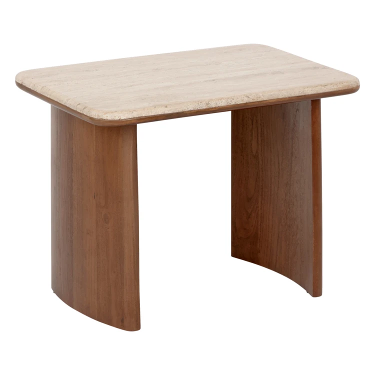 Set di 2 tavolini da caffè in travertino con gambe in acacia