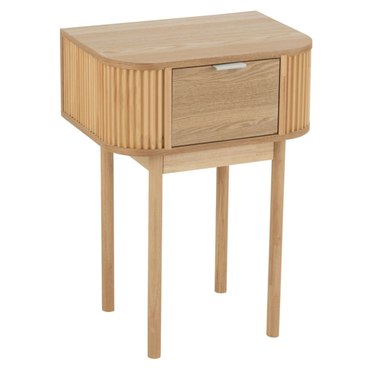 Mesita de noche redonda de madera natural con cajón