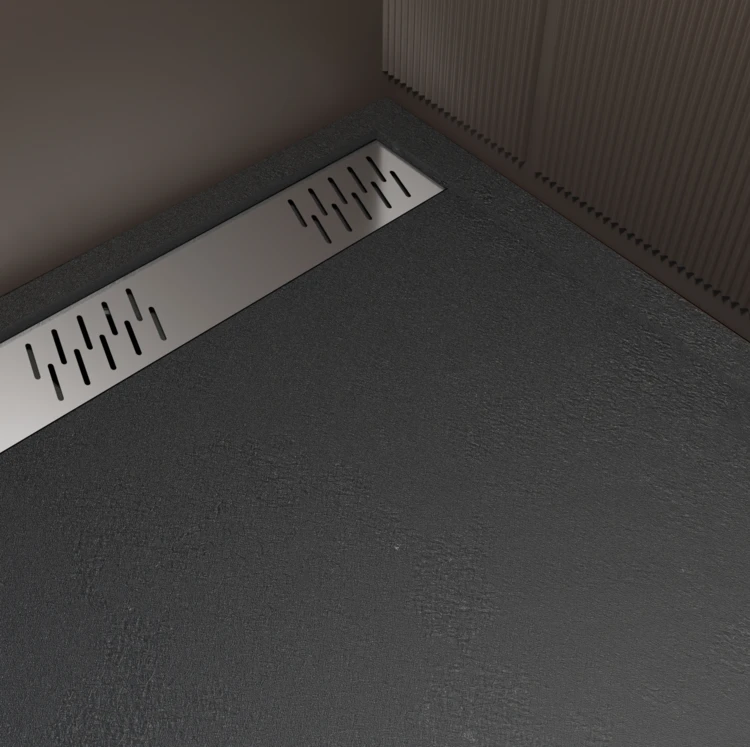 Receveur de douche extra-plat en résine effet pierre  grille linéaire chrome