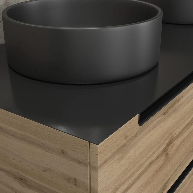 Mobile da bagno con 2 lavabi rotondi e 2 specchi rotondi a LED