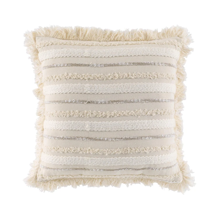 Coussin déhoussable en coton tissé avec franges et rayures en relief