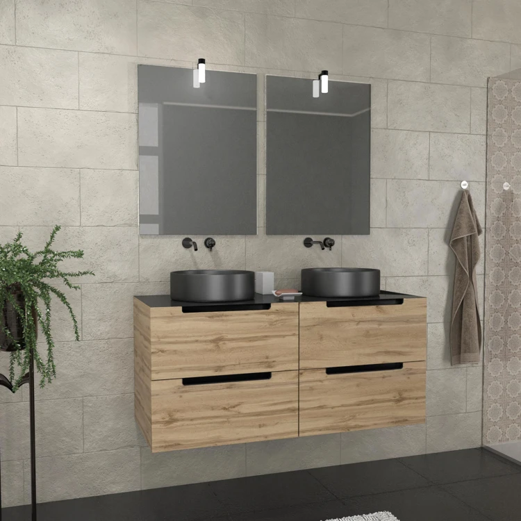 Set da bagno con 2 lavabi rotondi e 2 specchi rettangolari a LED