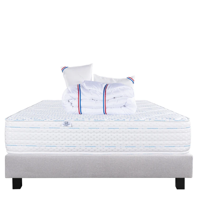 Ensemble literie mousse mémoire de forme 24 cm + sommier gris + oreillers + couette